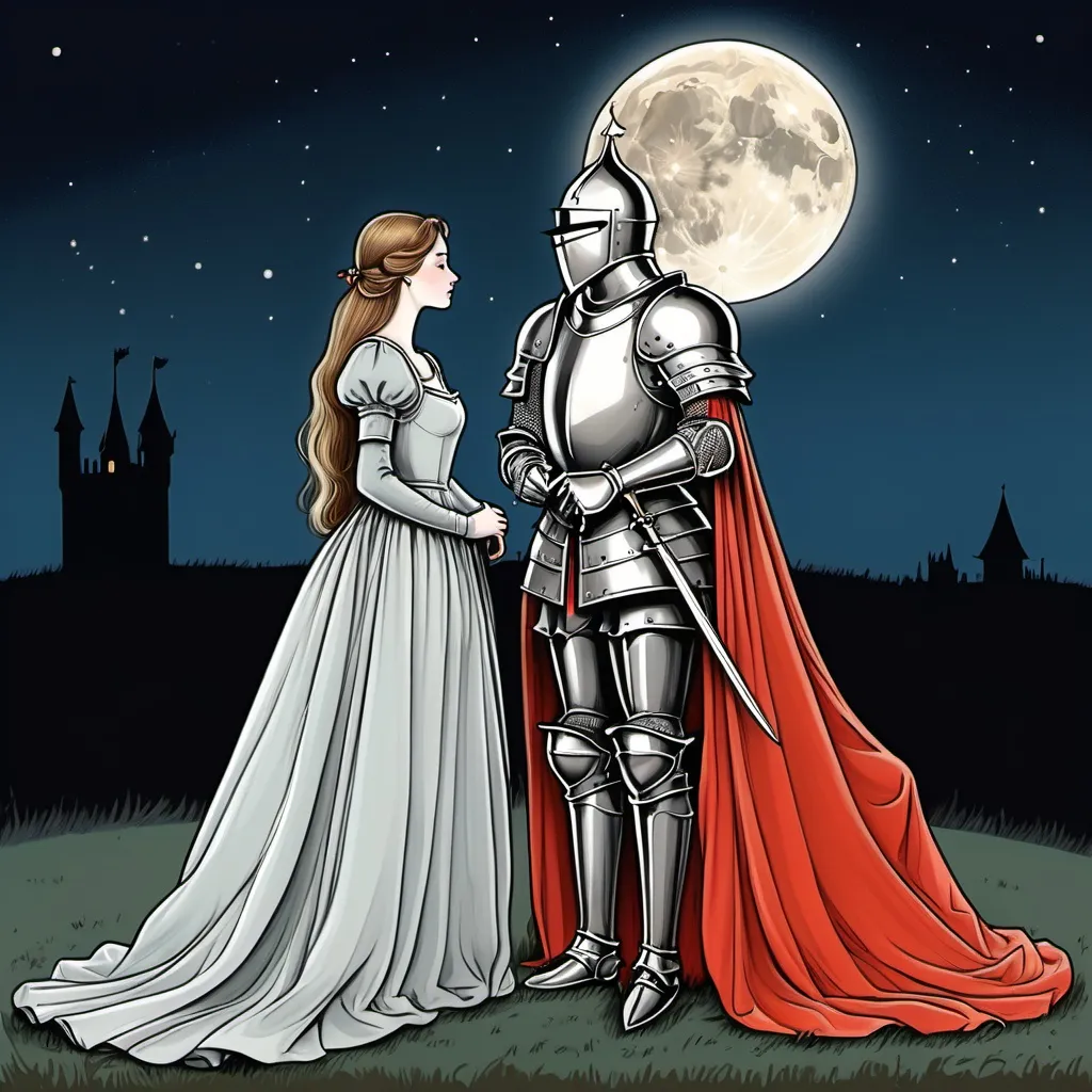 Prompt: Standing Countess and knight in love watching the moon colour drawing