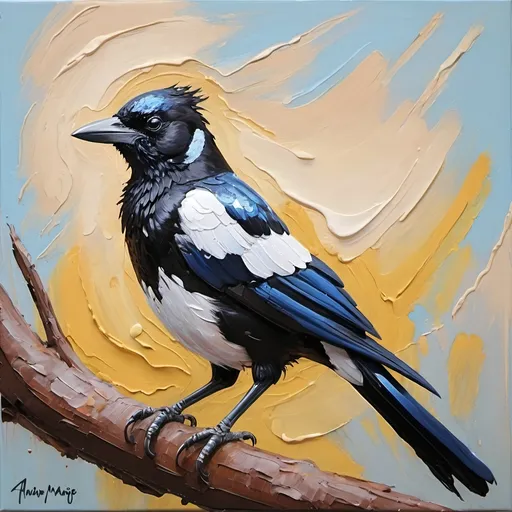 Prompt: thick impasto oil painting thick, bumpy paint strokes of Australian magpie