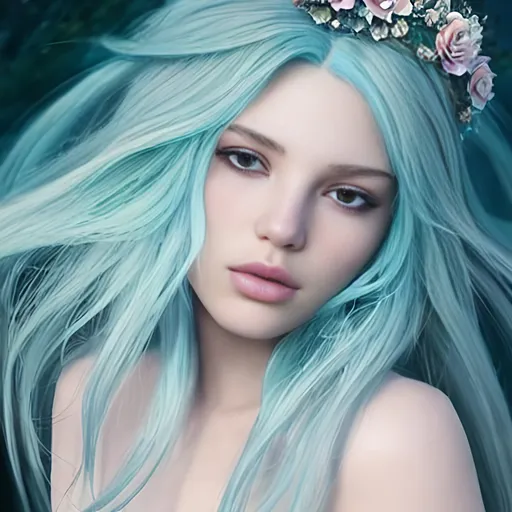 Prompt: ( Aqua gradient hair colour, messy), a beautiful, goddess (white gradient hair colour, messy),  crown, landscape, detailed, floral, fantasy, landscape, floral, goddess, soft, pretty visuals, aestheticfull body and face focus, intricate details, exceptional detail, fantasy, ethereal lighting, hyper sharp, sharp focus, photorealistic portrait, detailed face, highly detailed, realistic, hyper-realistic, colourful, unreal engine, Ultra realistic large chest, athletic body, Highly detailed photo-realistic digital artwork. High definition.  Biggals, beautiful face, beautiful body, beautiful eyes, beautiful hair, smooth textures, is a digital painting with vibrant colours and exceptional detail, created using 3DS Max, AppGameKit, and Behance HD, sketch.. In a greek goddess style




