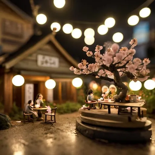 Prompt: tiny wooden outside cafe, tiny cherry blossom bonsai, tiny wooden people drinking, dining, dancing, string lights, dark night



