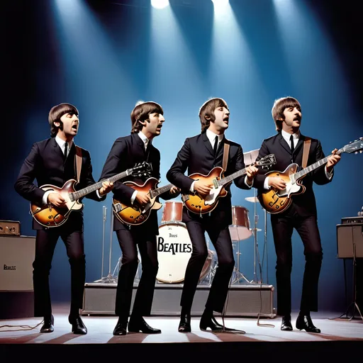 Prompt: Hyperrealistic photographic illustration of The Beatles, maximum of four people, playing on stage, detailed facial features, realistic instruments, high quality, hyperrealistic, photographic, detailed faces, stage performance, vintage style, iconic band, professional lighting