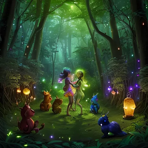 Prompt: 16k, HDR, shimmering fireflies that danced to their laughter, mischievous sprites that guided them with glowing lanterns, and even talking trees that shared ancient wisdom. colorful magical creatures in a lush forest whispering woods 