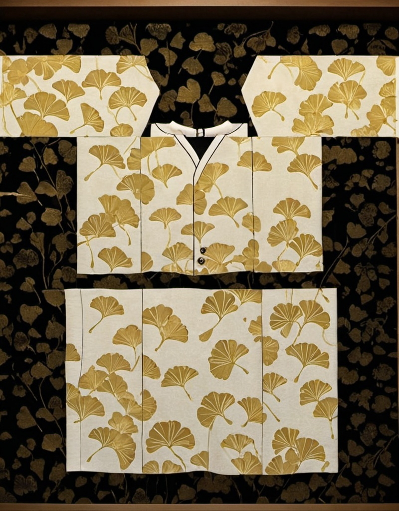 Prompt: change the Pattern to kimono fabric(Saw Ginkgo and light yellow), color in light white gold