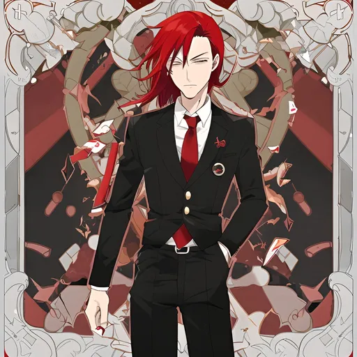 Prompt: Male, Red hair, black pants, red tie, button up shirt, classroom, waist shrinks,