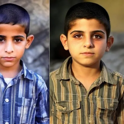 Prompt: two images side by side: in the left image there is two palistinian brothers about 8 years old that one of them is killed and sleeped in the other brother's arms. in the right image the survived brother is grown, he is 24 years old and he wears a Chafee and attempting to attack israel in 2023
