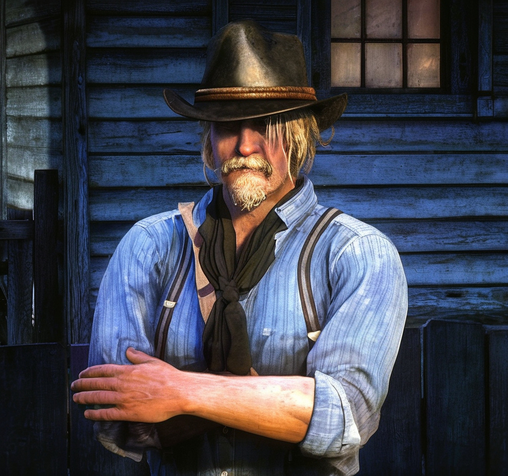 Prompt: a man with a hat and a tie standing in front of a building with a wooden door and a wooden fence, Don Eddy, realism, realistic character concept, a character portrait