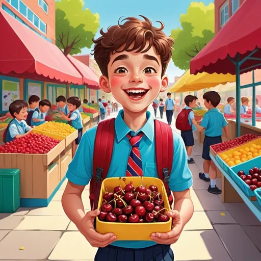 Prompt: Cartoon illustration of a school boy enjoying cherries, vibrant and playful cartoon style, colorful market setting, school uniform with a backpack, cheerful expression, juicy cherries, bustling market atmosphere, vibrant and playful, cherry-eating school boy, vibrant colors, dynamic cartoon style, market setting, school uniform, playful expression, bustling atmosphere