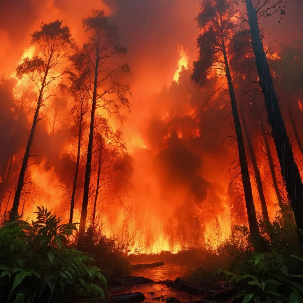 Prompt: Rain-soaked forest engulfed in flames, realistic, towering inferno amidst greenery, intense orange and red hues, heavy rainfall creating dramatic atmosphere, high quality, ultra-realistic, forest fire, rainy, dramatic lighting, realistic flames, towering inferno, intense color contrast, rainy atmosphere, heavy rainfall, dramatic scene