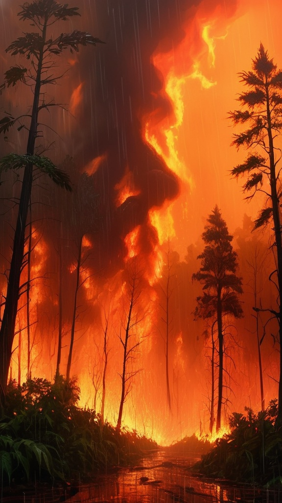 Prompt: Rain-soaked forest engulfed in flames, realistic, towering inferno amidst greenery, intense orange and red hues, heavy rainfall creating dramatic atmosphere, high quality, ultra-realistic, forest fire, rainy, dramatic lighting, realistic flames, towering inferno, intense color contrast, rainy atmosphere, heavy rainfall, dramatic scene