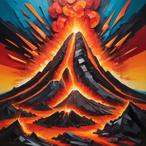 Prompt: Cubism style painting of a volcano eruption, abstract shapes, fragmented forms, vibrant color palette, intense energy, lava spewing in all directions, dramatic contrast, dynamic composition, textured brushstrokes, high quality, 4k, ultra-detailed, cubism, volcanic eruption, abstract, vibrant colors, dynamic composition, textured brushstrokes, intense energy, dramatic contrast, fragmented forms, lava spewing, professional, dynamic lighting