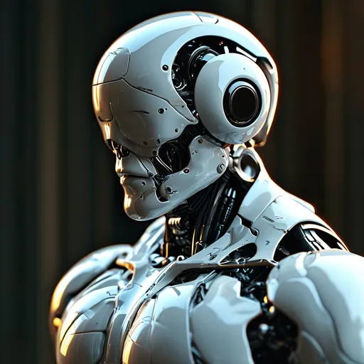 Prompt: (full body robotic figure), humanoid male with a sleek full body design, prominent muscles including defined pecs and abs, (white and silver color scheme), dramatically contoured surface, (futuristic and polished), high detail, (dynamic pose), ethereal lighting, (cinematic atmosphere), creates a striking and powerful image, emphasizing a perfect blend of human aesthetics and robotic elements, ultra-detailed, high-definition.