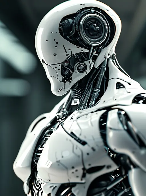 Prompt: (full body robotic figure), humanoid male with a sleek full body design, prominent muscles including defined pecs and abs, (white and silver color scheme), dramatically contoured surface, (futuristic and polished), high detail, (dynamic pose), ethereal lighting, (cinematic atmosphere), creates a striking and powerful image, emphasizing a perfect blend of human aesthetics and robotic elements, ultra-detailed, high-definition.