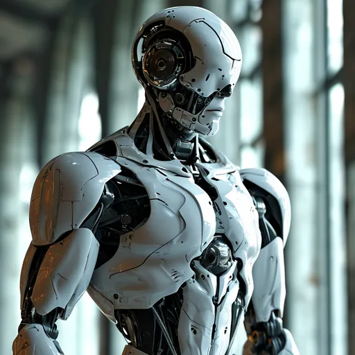 Prompt: (robotic figure), humanoid male with a sleek full body design, prominent muscles including defined pecs and abs, (white and silver color scheme), dramatically contoured surface, (futuristic and polished), high detail, (dynamic pose), ethereal lighting, (cinematic atmosphere), creates a striking and powerful image, emphasizing a perfect blend of human aesthetics and robotic elements, ultra-detailed, high-definition.