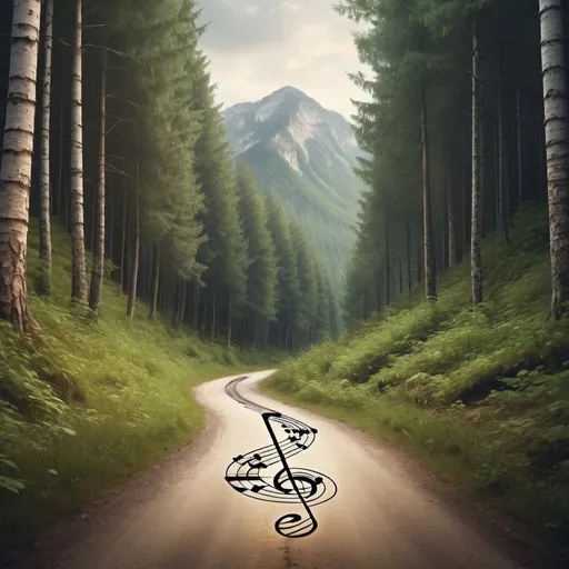 Prompt: A mountain road in the forest with an musical key on it. It should look like a real photo 