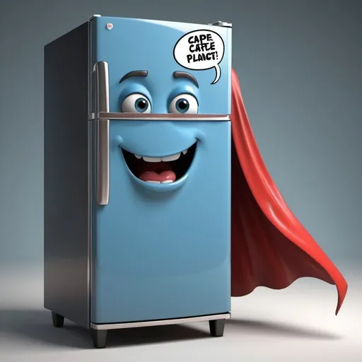 Prompt: Create a heroic cartoon refrigerator wearing a cape out to save the planet from global warming and leaky coolants