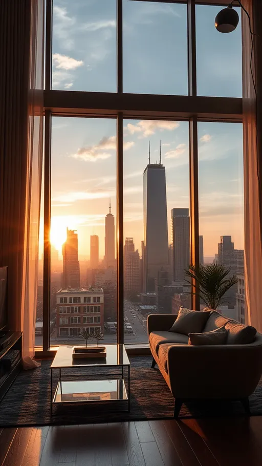 Prompt: the scene unfolds in a stylish urban apartment with a view of the city skyline through large windows, soft evening light casting a golden glow, 
