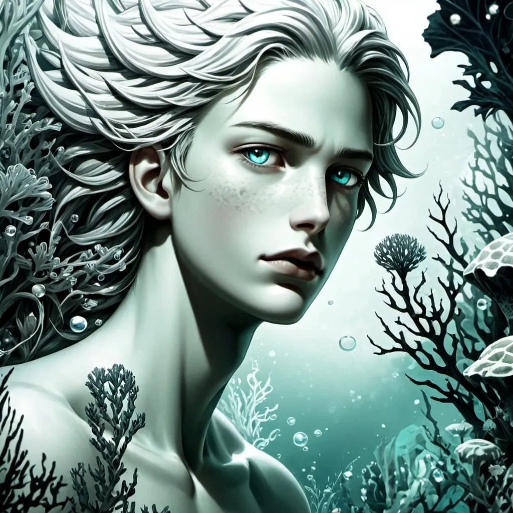 Prompt: Young male siren with teal eyes and blond hair, anime style in the water with a teal tail 