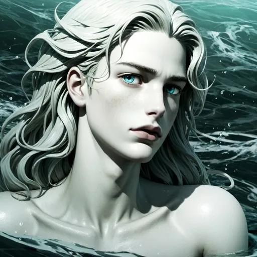 Prompt: Young male siren with teal eyes and blond hair, anime style in the water with a teal tail 