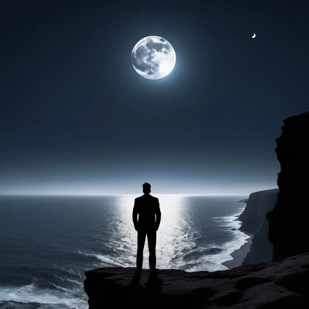 Prompt: Silhouette of a grown man staring out over a horizon at the edge of a cliff, with the moon beaming its reflection onto the ocean in front of him.