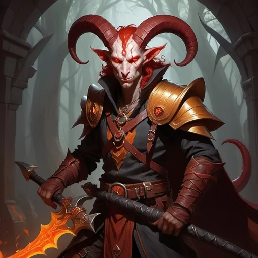 Prompt: My Dungeons and Dragons character is Aeilit Rosznar.  I am an ash skinned male Tiefling with crimson hair and glowing orange eyes. I am a blood hunter sage. I wield a golden scythe as a primary weapon with an intense knowledge in alchemy and hemocraft. I am 6 foot