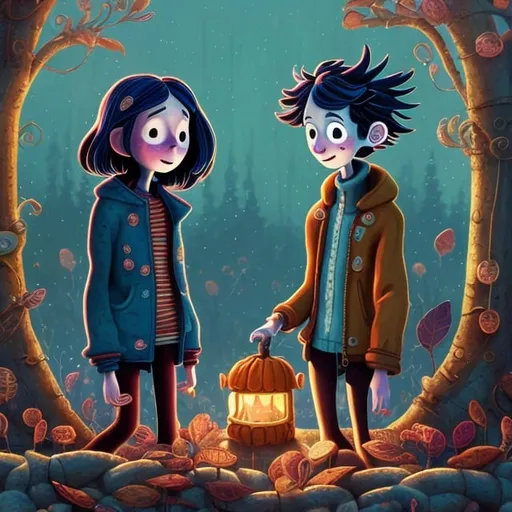 Prompt: Coraline and Wybie in toasty autumn vibes, blue jackets, whimsical illustration, detailed features, cozy atmosphere, high quality, warm color tones, atmospheric lighting