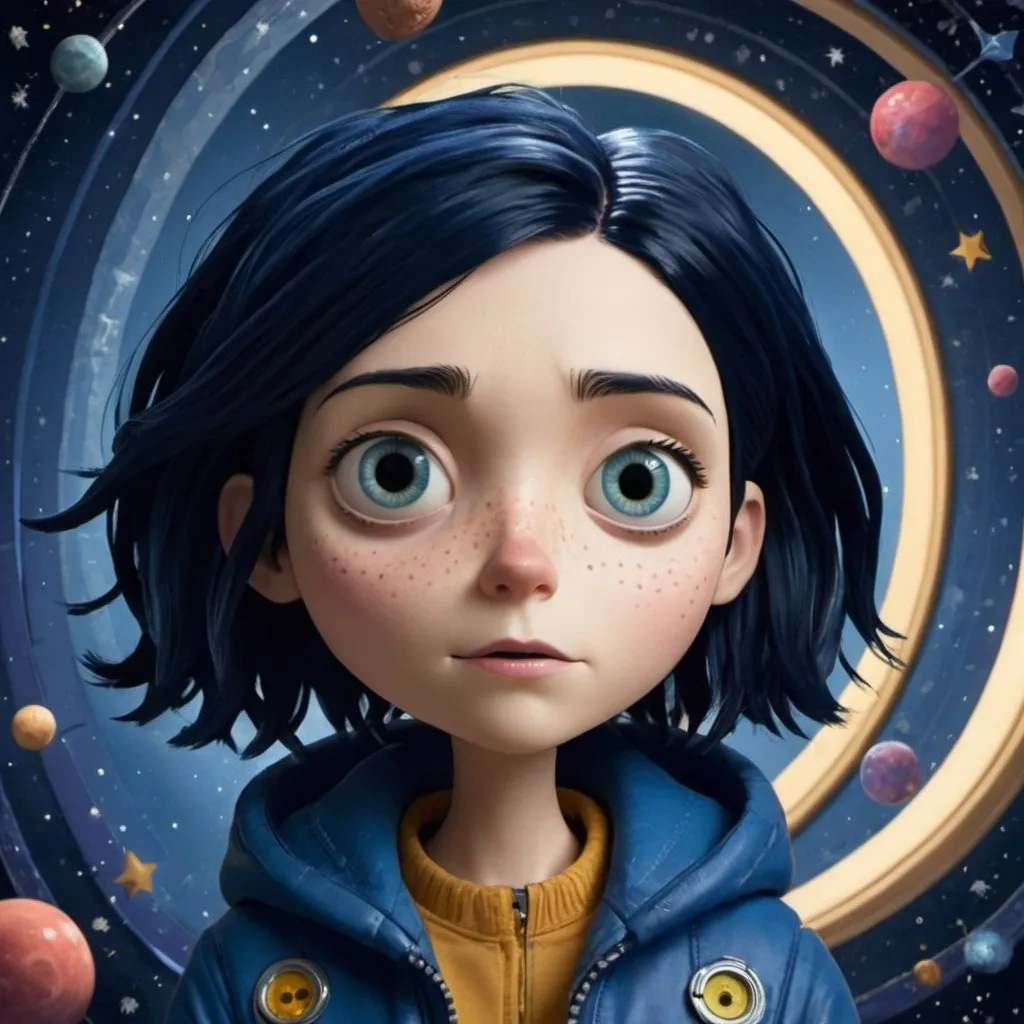 Prompt: coraline with messy black hair and tired eyes, in a blue jacket, in space, surrounded by geometric shapes, galaxies