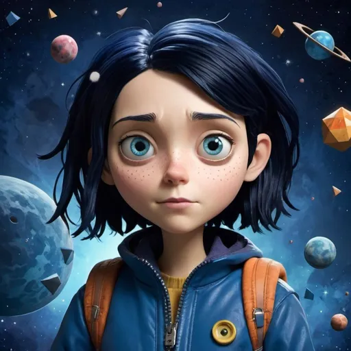 Prompt: coraline with messy black hair and tired eyes, in a blue jacket, in space, surrounded by geometric shapes, galaxies