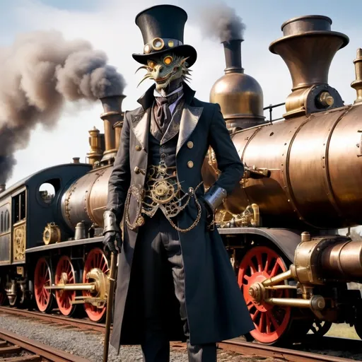 Prompt: anthropomorphic long neck steam punk dragon gentleman with top hat long coat and cane standing beside an imposing brass steam punk train engine