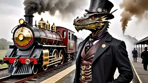 Prompt: anthropomorphic long neck steam punk dragon gentleman with top hat long coat and cane standing beside an imposing brass steam punk train engine