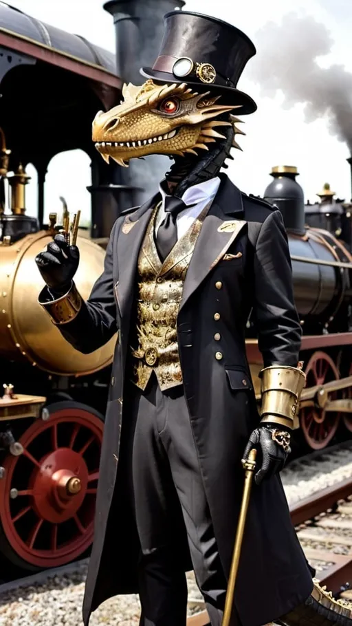 Prompt: anthropomorphic long neck steam punk dragon gentleman with top hat long coat and cane standing beside an imposing brass steam punk train engine