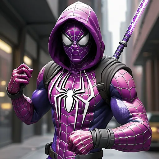 Prompt: purple spiderman with a hood and a tech katana as a weapon