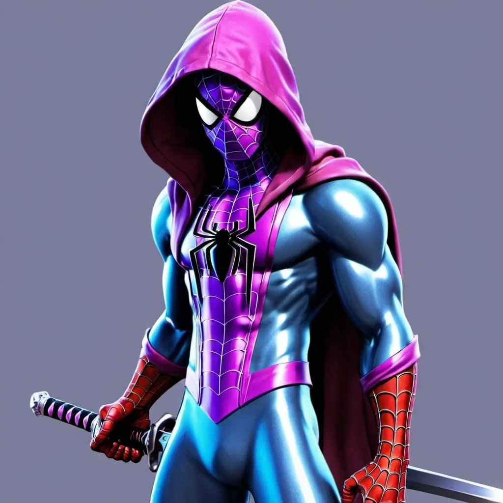 Prompt: generate me a image of spiderman but hes purple and blue with a hood and a tech katana as a weapon