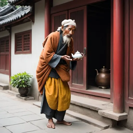 Prompt: a beggar going to a tea house asking for money
