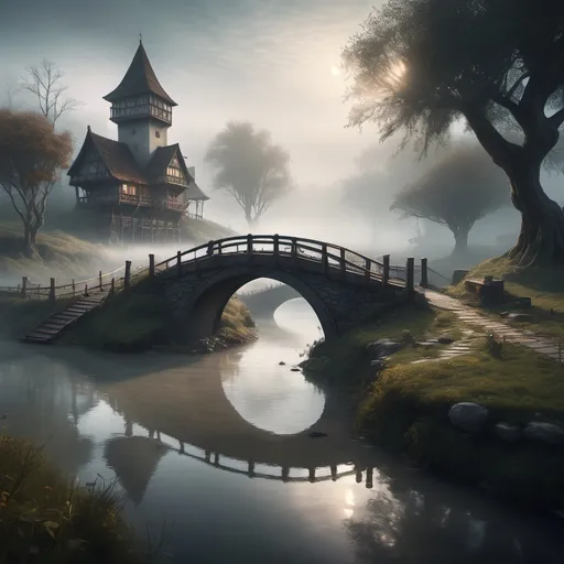 Prompt: small settlement, foggy atmosphere, bridge over a mystical river, dramatic fantasy scenery, enchanting details in architecture, ethereal fog weaving through the landscape, cinematic lighting casting long shadows, high depth visuals, magical ambiance, tranquil yet intriguing feel, ultra-detailed, immersive narrative.