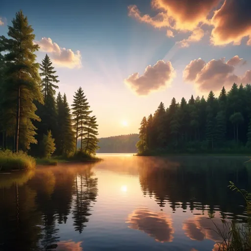 Prompt: Summer dawn scene at the lake, cinematic wallpaper, forest silhouette against dawn clouds, hyper-detailed HD depth of field, soft light, ray tracing, ultra-fine glass reflection, realistic, cinematic, deep field focus bokeh, sunrise, lake view, forest silhouette, dawn clouds, high definition, hyper-detailed, soft light, ray tracing, diffuse, realistic