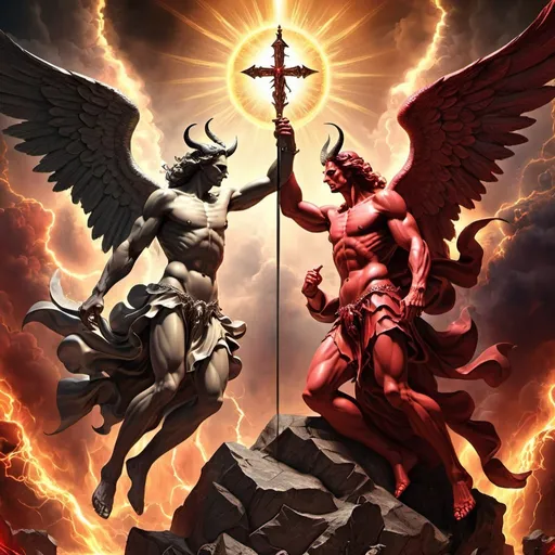 Prompt: The Battle Between God and Satan, Deities、archangel、Angels and Satan Diabolical, Lucifer. high quality, detailed features 