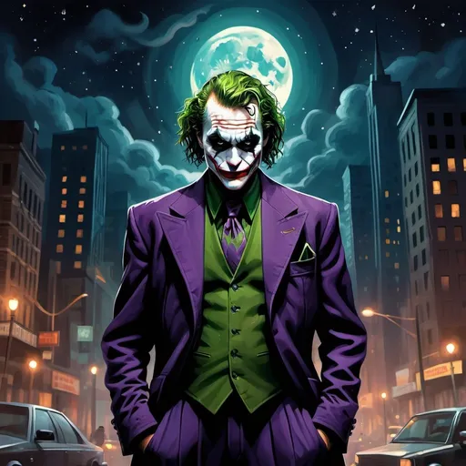 Prompt: create a bold graphic illustration of The Joker, the Mob Boss, wearing warrior garment. Incorporate elements of the dark fantasy city, nightmare lights, and a starry night as the background."