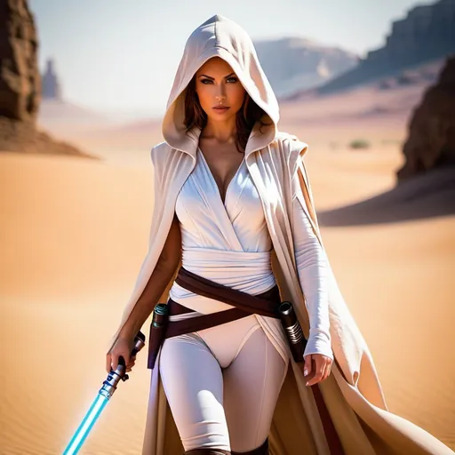 Prompt: An old Femal jedi with hood walking in the desert, perfect body, beautiful features, tight cloths cleavage showing, light saber facing down, detailed face. Toned body, no pants.