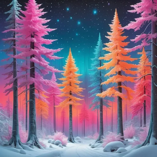 Prompt: A neon-hued fantasy forest with oversized, luminous trees, color-gradient trees under a star-speckled sky in a snow storm Each wrap is made with finely textured, artist-grade cotton substrate which helps reproduce your image in outstanding clarity and detail. 