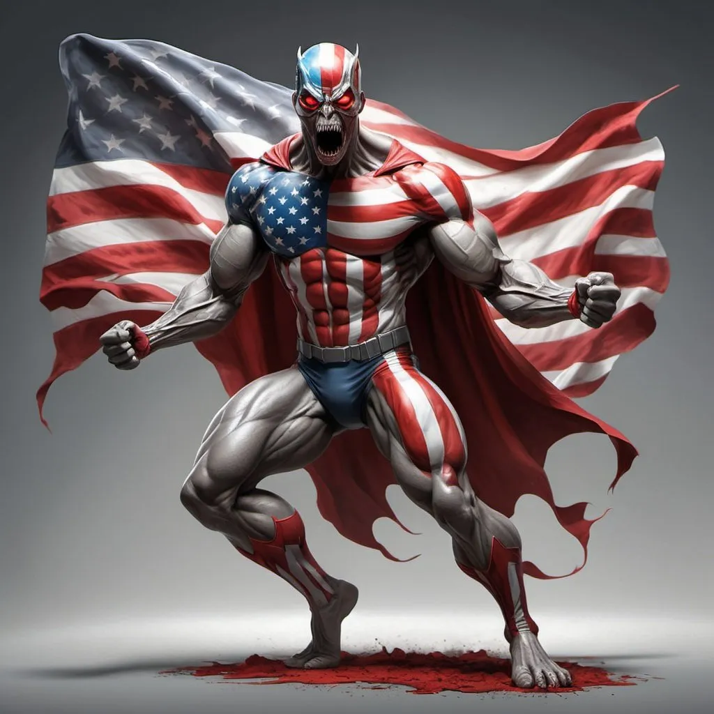 Prompt: Create an expressive art piece of a full body disturbing creature wearing the American flag in a superhero pose. Use red and gray colors to depict the mood.