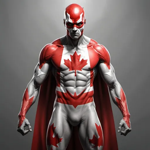 Prompt: Create an expressive art piece of a full body disturbing creature wearing the Canadian flag in a superhero pose. Use red and gray colors to depict the mood.