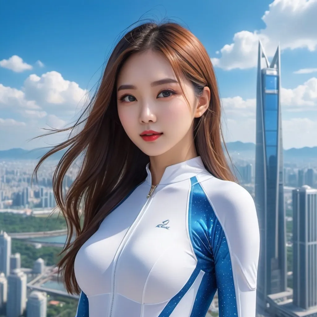 Prompt: Official fine art，tmasterpiece，Sharp focus，Delicate and beautiful hair and eyes and face，realisticlying，ultra - detailed，woman，blue-sky，Glowing white particles,rays of sunshine,baiyun,Detailed clouds,Slender，gigantic hip，spandex body outfit，scenecy,Long straight hair,, buliding, (Cityscape:1.7)，paleskin, short hair , epic landscape