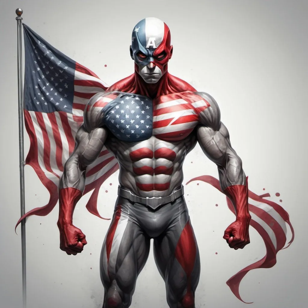 Prompt: Create an expressive art piece of a full body disturbing creature wearing the American flag in a superhero pose. Use red and gray colors to depict the mood.