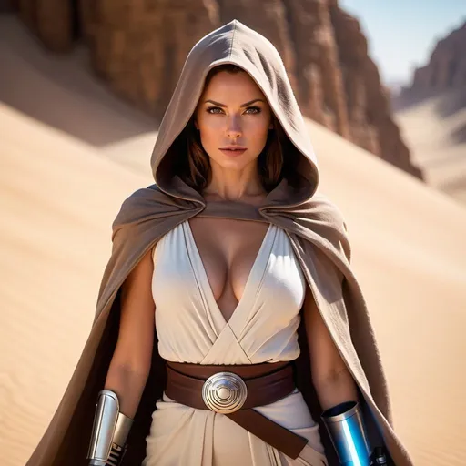 Prompt: An old Femal jedi with hood walking in the desert, perfect close-up body, beautiful features, tight cloths cleavage showing, light saber facing down, detailed face.