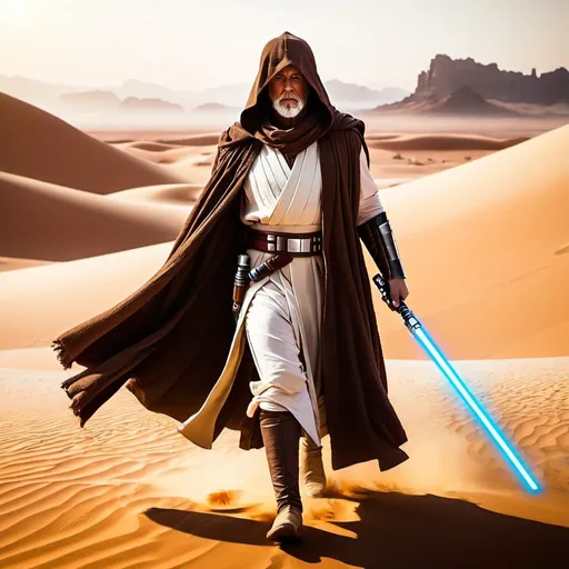 Prompt: An old jedi with hood walking in the desert, light saber, detailed f