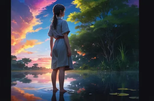 Prompt: official art, unified 8k wallpaper, super detailed, masterpiece, Best image quality，super wide angle，evening，a woman，Standing in the pond，water is like a mirror，reflecting the sky。look up to the sky，Colorful sunset，Dynamic angle, grace, bright colors,