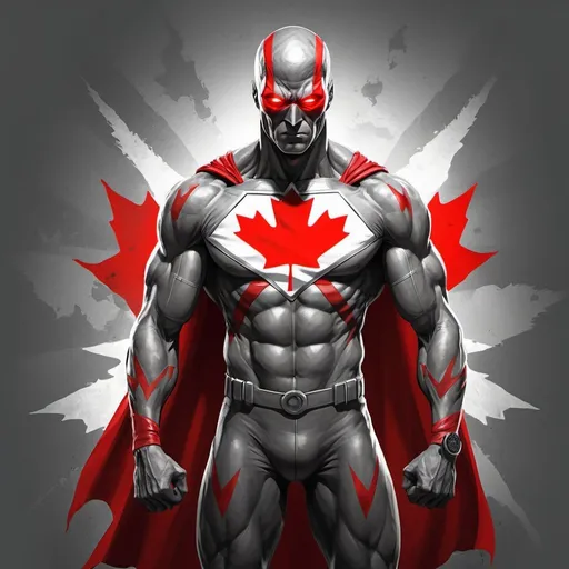 Prompt: Disturbing creature in superhero pose, red and gray color palette, Canadian flag motif, full body illustration, expressive art, high quality, detailed features, horror, flag clothing, intense gaze, professional lighting, eerie atmosphere