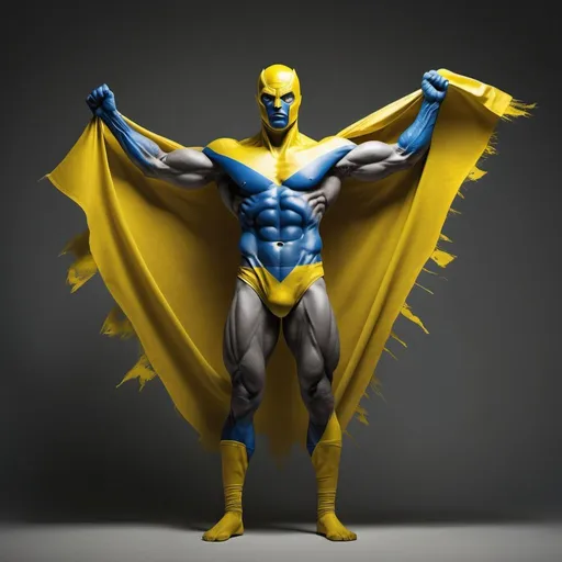 Prompt: Create an expressive art piece of a full body disturbing creature wearing the Ukranian flag in a superhero pose. Use yellow and gray colors to depict the mood.