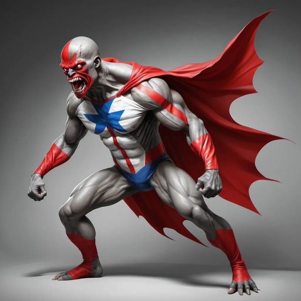 Prompt: Create an expressive art piece of a full body disturbing creature wearing the Russin flag in a superhero pose. Use red and gray colors to depict the mood.