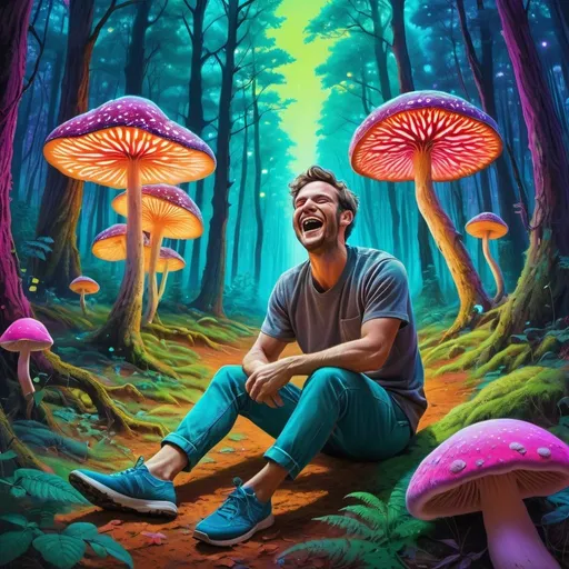 Prompt: Create an expressive art piece of a full body man laughing on drugs at the ground. in A neon-hued fantasy forest with oversized, luminous mushrooms and a path weaving through dreamlike, color-gradient trees under a star-speckled sky. Uplift any room's decor with art that's printed on top-quality canvas gallery wraps. Each wrap is made with finely textured, artist-grade cotton substrate which helps reproduce your image in outstanding clarity and detail.
